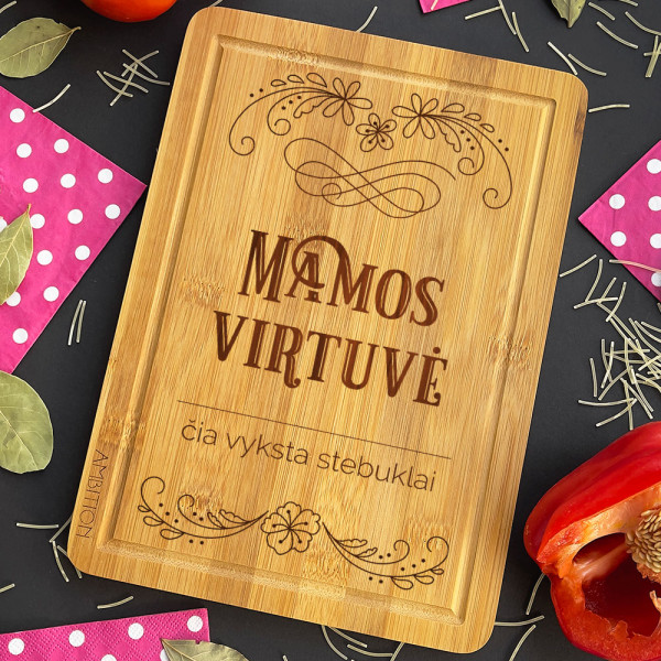 Bambukinė pjaustymo lentelė "Mamos virtuvė" Bambukinė pjaustymo lentelė "Mamos virtuvė"