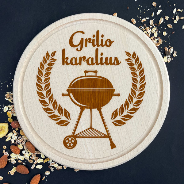 Graviruota apvali pjaustymo lentelė "Grilio karalius" Graviruota apvali pjaustymo lentelė "Grilio karalius"