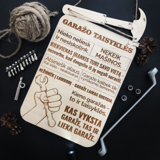 Graviruota medinė lentelė "Garažo taisyklės"