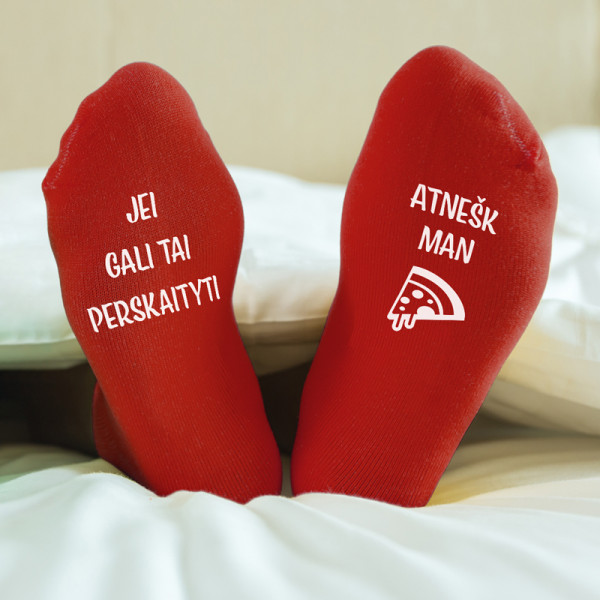 Kojinės su spauda ant padų "Atnešk man picą"
