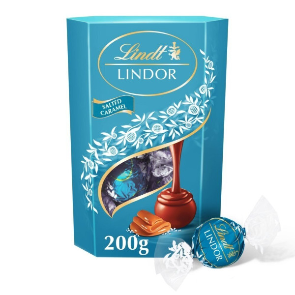 LINDT LINDOR pieninio šokolado rutuliukai su sūdyta karamelė, 200g