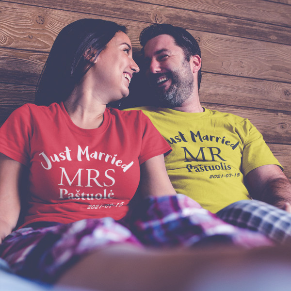 Marškinėlių komplektas "Just Married" su pasirinkta pavarde ir data