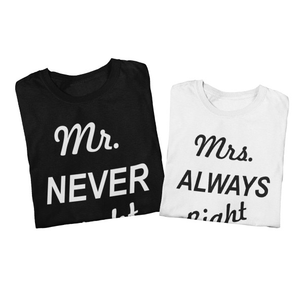 Marškinėlių komplektas "Mr NEVER Right & Mrs ALWAYS Right" Marškinėlių komplektas "Mr NEVER Right & Mrs ALWAYS Right"