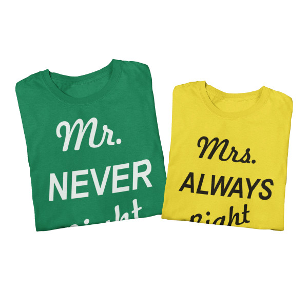 Marškinėlių komplektas "Mr NEVER Right & Mrs ALWAYS Right" Marškinėlių komplektas "Mr NEVER Right & Mrs ALWAYS Right"
