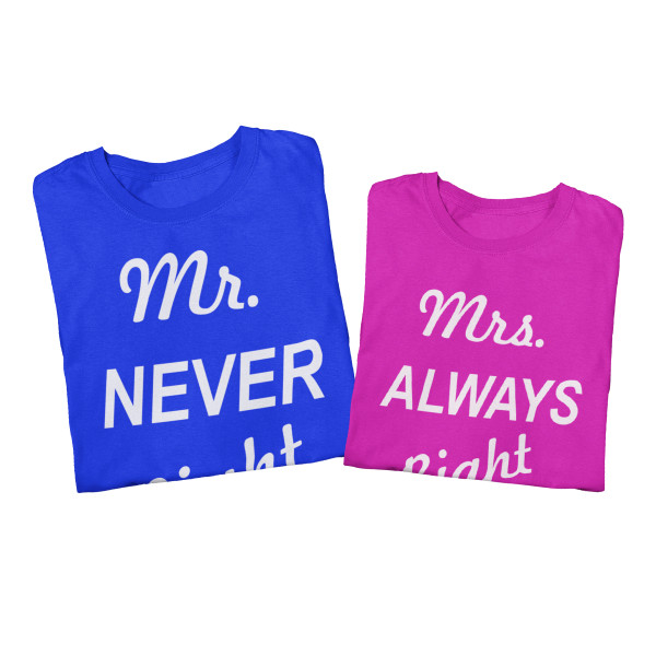 Marškinėlių komplektas "Mr NEVER Right & Mrs ALWAYS Right" Marškinėlių komplektas "Mr NEVER Right & Mrs ALWAYS Right"