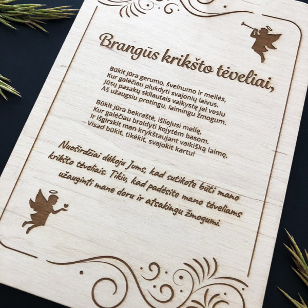 Graviruota medinė lentelė "Krikšto tėveliams" Graviruota medinė lentelė "Krikšto tėveliams"
