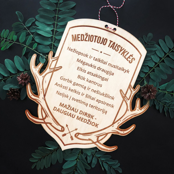 XL Graviruota medinė lentelė "Medžiotojo taisyklės" XL Graviruota medinė lentelė "Medžiotojo taisyklės"