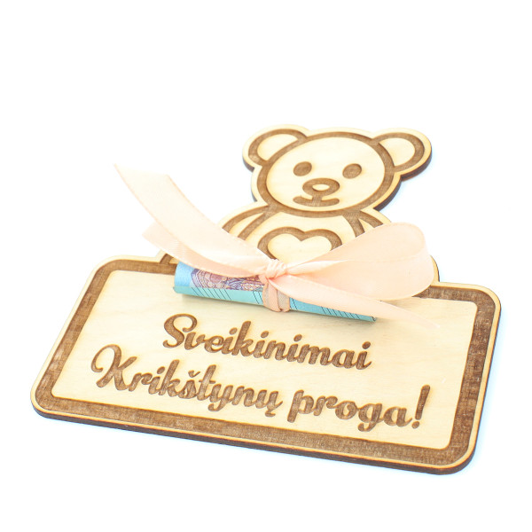 Medinė lentutė pinigams dovanoti "Krikštynų proga" Medinė lentutė pinigams dovanoti "Krikštynų proga"
