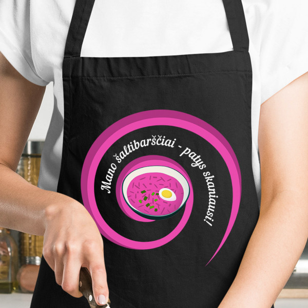 Medvilninė prijuostė "Mano šaltibarščiai - patys skaniausi" Medvilninė prijuostė "Mano šaltibarščiai - patys skaniausi"