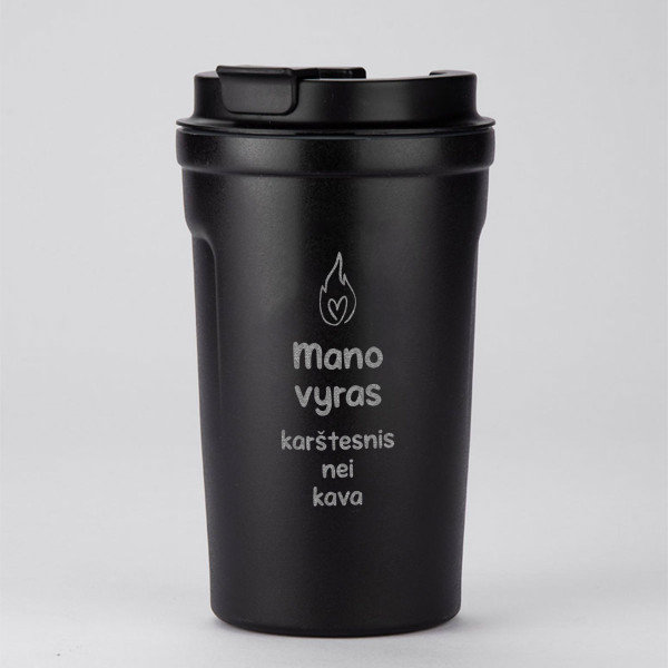 Metalinis termopuodelis "Mano vyras karštesnis nei kava" (400ml) Metalinis termopuodelis "Mano vyras karštesnis nei kava" (400ml)