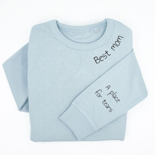 UNISEX pastelinis džemperis "Best mom" su spauda ant rankovės