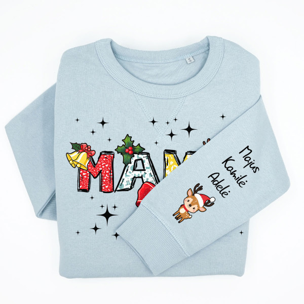 UNISEX pastelinis "Sully" džemperis "Kalėdinė mama" su vaikų vardais ant rankovės UNISEX pastelinis "Sully" džemperis "Kalėdinė mama" su vaikų vardais ant rankovės