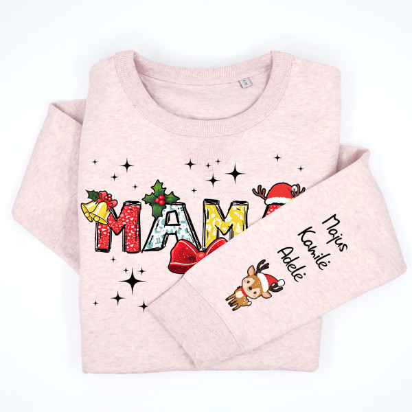 UNISEX pastelinis "Sully" džemperis "Kalėdinė mama" su vaikų vardais ant rankovės UNISEX pastelinis "Sully" džemperis "Kalėdinė mama" su vaikų vardais ant rankovės