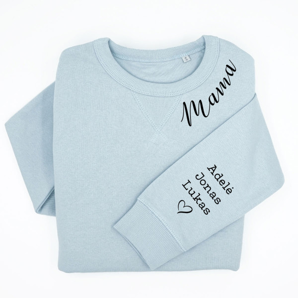 UNISEX pastelinis "Sully" džemperis "Mama" su vaikų vardais ant rankovės UNISEX pastelinis "Sully" džemperis "Mama" su vaikų vardais ant rankovės