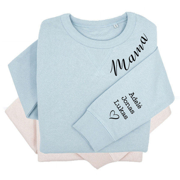 UNISEX pastelinis "Sully" džemperis "Mama" su vaikų vardais ant rankovės UNISEX pastelinis "Sully" džemperis "Mama" su vaikų vardais ant rankovės