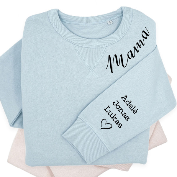 UNISEX pastelinis "Sully" džemperis "Mama" su vaikų vardais ant rankovės UNISEX pastelinis "Sully" džemperis "Mama" su vaikų vardais ant rankovės