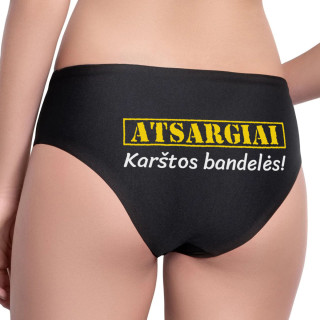 Moteriški apatiniai su spauda nugaroje "Atsargiai, karštos bandelės"