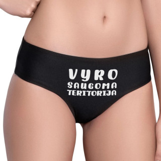 Moteriški apatiniai su spauda priekyje "Vyro saugoma teritorija"
