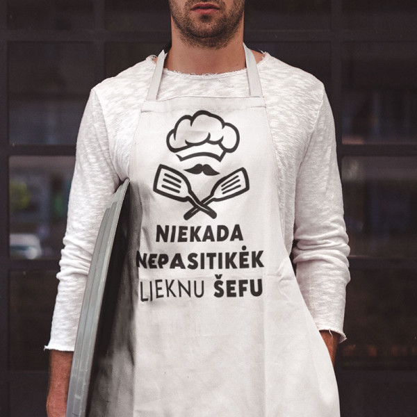 Medvilninė prijuostė "Niekada nepasitikėk lieknu šefu" Medvilninė prijuostė "Niekada nepasitikėk lieknu šefu"