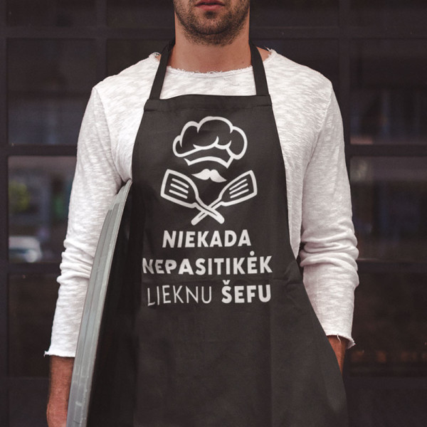 Medvilninė prijuostė "Niekada nepasitikėk lieknu šefu" Medvilninė prijuostė "Niekada nepasitikėk lieknu šefu"