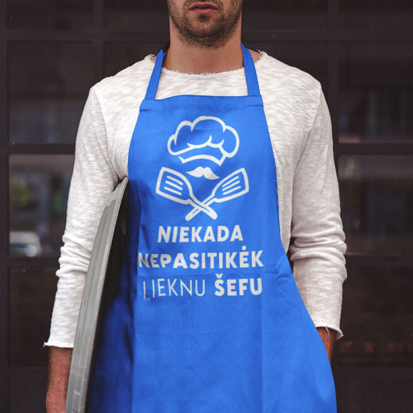 Medvilninė prijuostė "Niekada nepasitikėk lieknu šefu" Medvilninė prijuostė "Niekada nepasitikėk lieknu šefu"