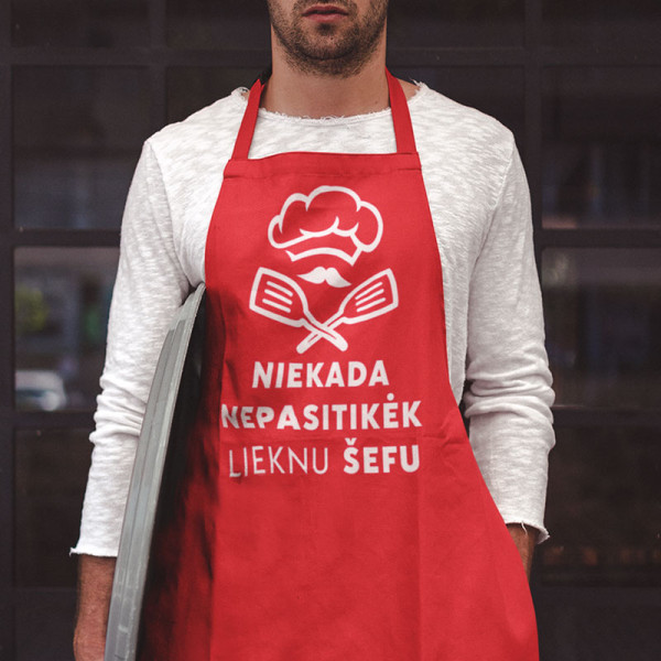 Medvilninė prijuostė "Niekada nepasitikėk lieknu šefu" Medvilninė prijuostė "Niekada nepasitikėk lieknu šefu"