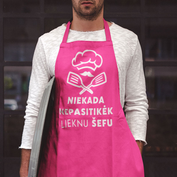 Medvilninė prijuostė "Niekada nepasitikėk lieknu šefu" Medvilninė prijuostė "Niekada nepasitikėk lieknu šefu"