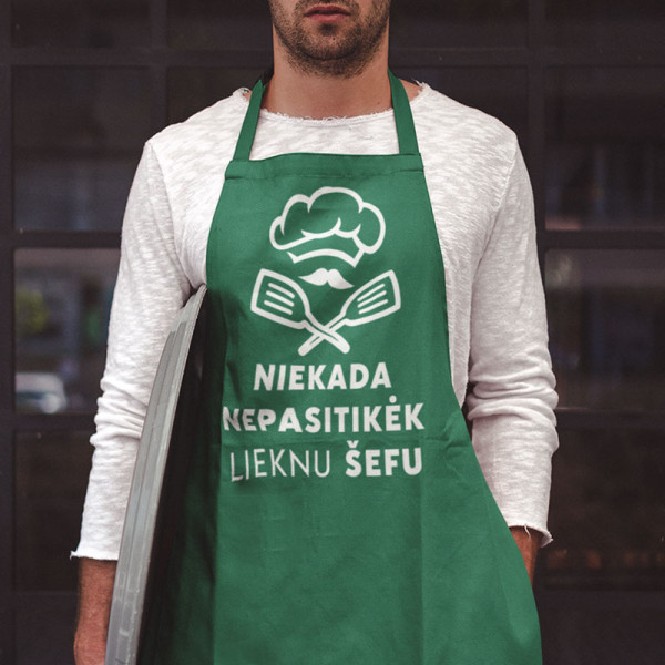 Medvilninė prijuostė "Niekada nepasitikėk lieknu šefu" Medvilninė prijuostė "Niekada nepasitikėk lieknu šefu"