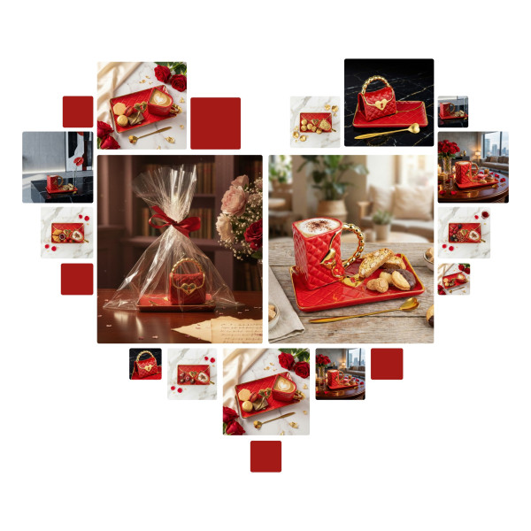 Puodelis "Rankinė" su lėkštute ir širdelės formos šaukšteliu