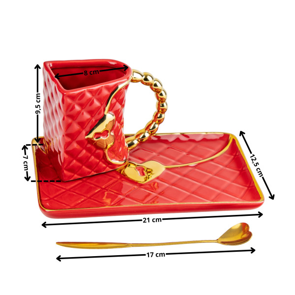 Puodelis "Rankinė" su lėkštute ir širdelės formos šaukšteliu