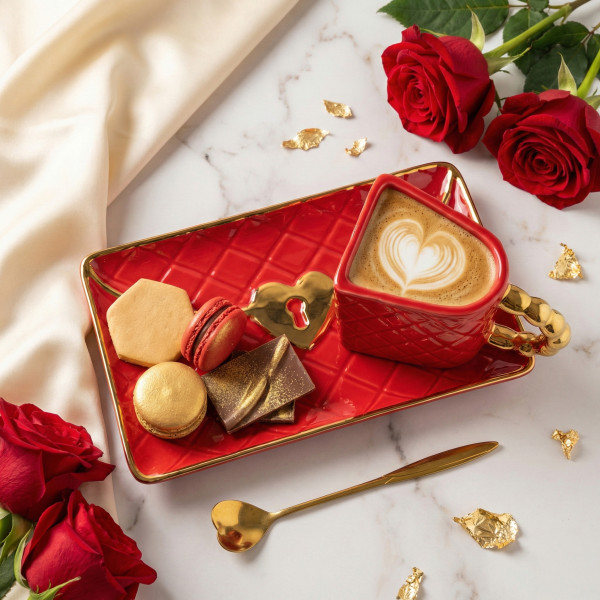 Puodelis "Rankinė" su lėkštute ir širdelės formos šaukšteliu