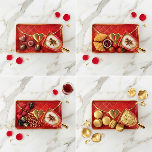 Puodelis "Rankinė" su lėkštute ir širdelės formos šaukšteliu