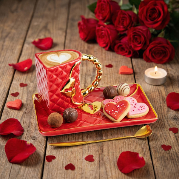 Puodelis "Rankinė" su lėkštute ir širdelės formos šaukšteliu