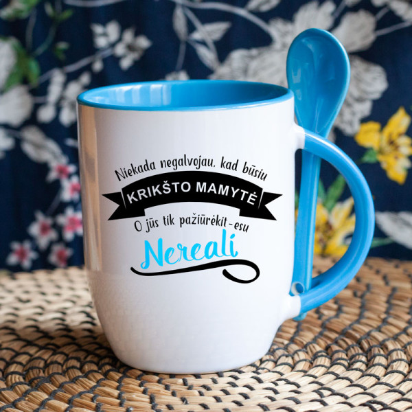 Puodelis su šaukšteliu "Nereali krikšto mamytė" Puodelis su šaukšteliu "Nereali krikšto mamytė"