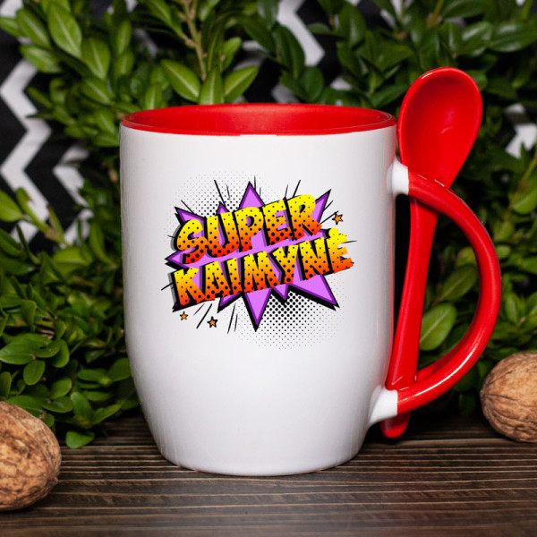 Puodelis su šaukšteliu "Super kaimynė" Puodelis su šaukšteliu "Super kaimynė"