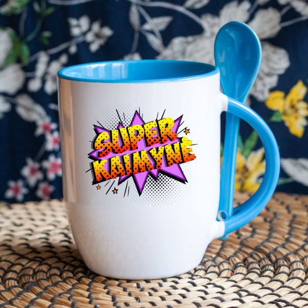 Puodelis su šaukšteliu "Super kaimynė" Puodelis su šaukšteliu "Super kaimynė"