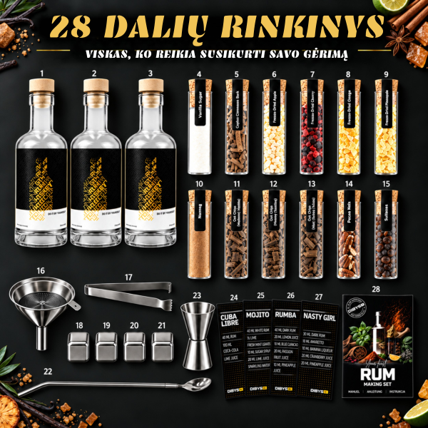 Romo gaminimo rinkinys su prieskoniais ir kokteilių ruošimo įrankiais