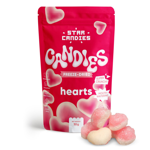 STAR CANDIES šaltyje džiovinti guminukai "Hearts", 30g. STAR CANDIES šaltyje džiovinti guminukai "Hearts", 30g.
