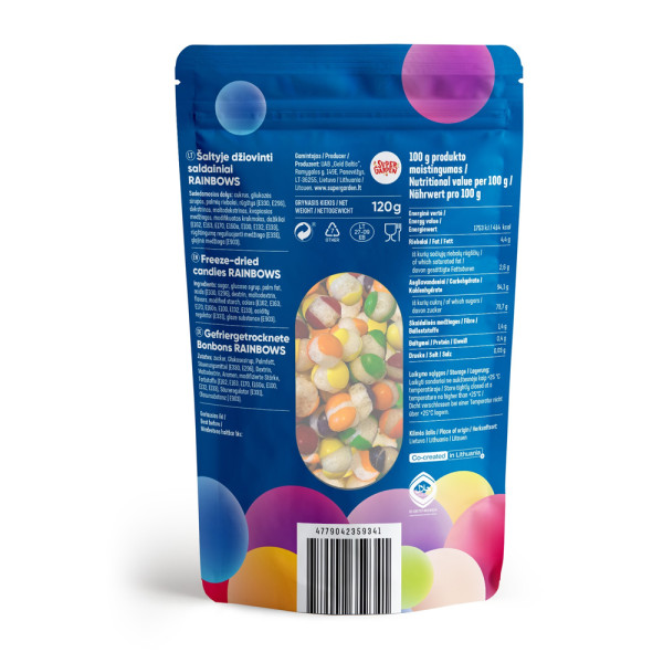 STAR CANDIES šaltyje džiovinti saldainiai "Rainbows", 120g. STAR CANDIES šaltyje džiovinti saldainiai "Rainbows", 120g.