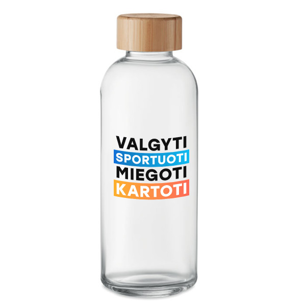 Stiklinis vandens butelis "Valgyti, sportuoti, miegoti, kartoti" (650ml)