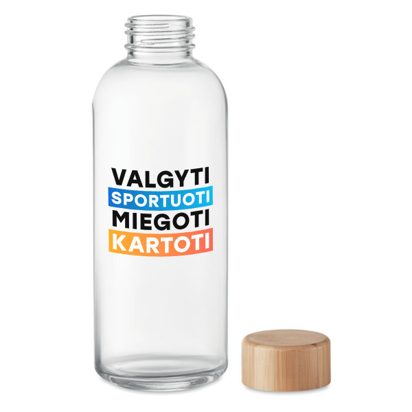 Stiklinis vandens butelis "Valgyti, sportuoti, miegoti, kartoti" (650ml)