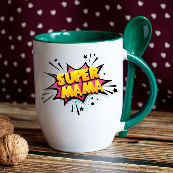 Puodelis su šaukšteliu "Super mama" Puodelis su šaukšteliu "Super mama"